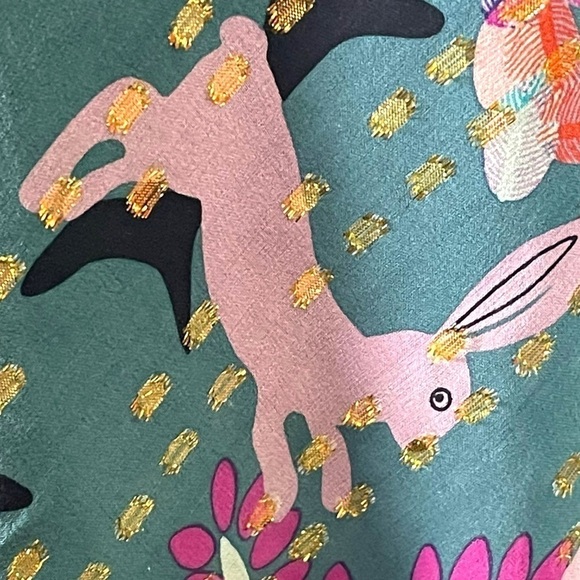 TIBI New York Silk Metallic Gold Teal Rabbit Woodland Forest Sleeveless Blouse 2 - Picture 7 of 15